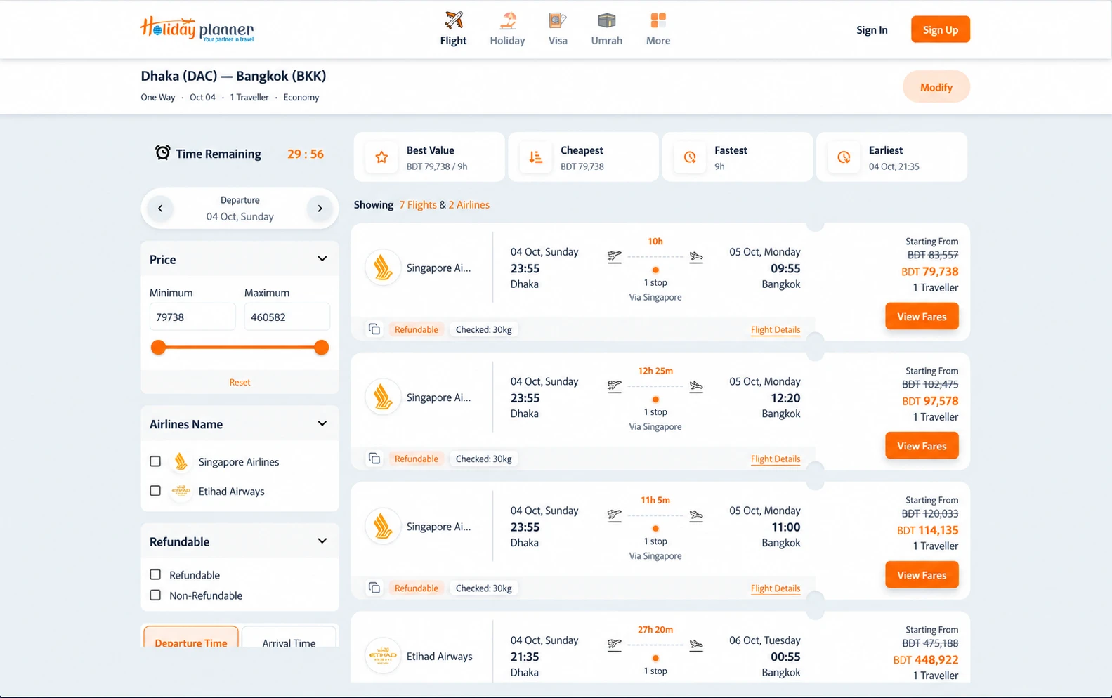 Holiday Planner flight search results showing filtering, airline fares and route details