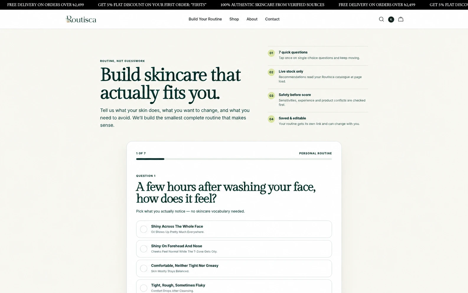 Routisca Routine Builder showing the skincare questionnaire and first routine question
