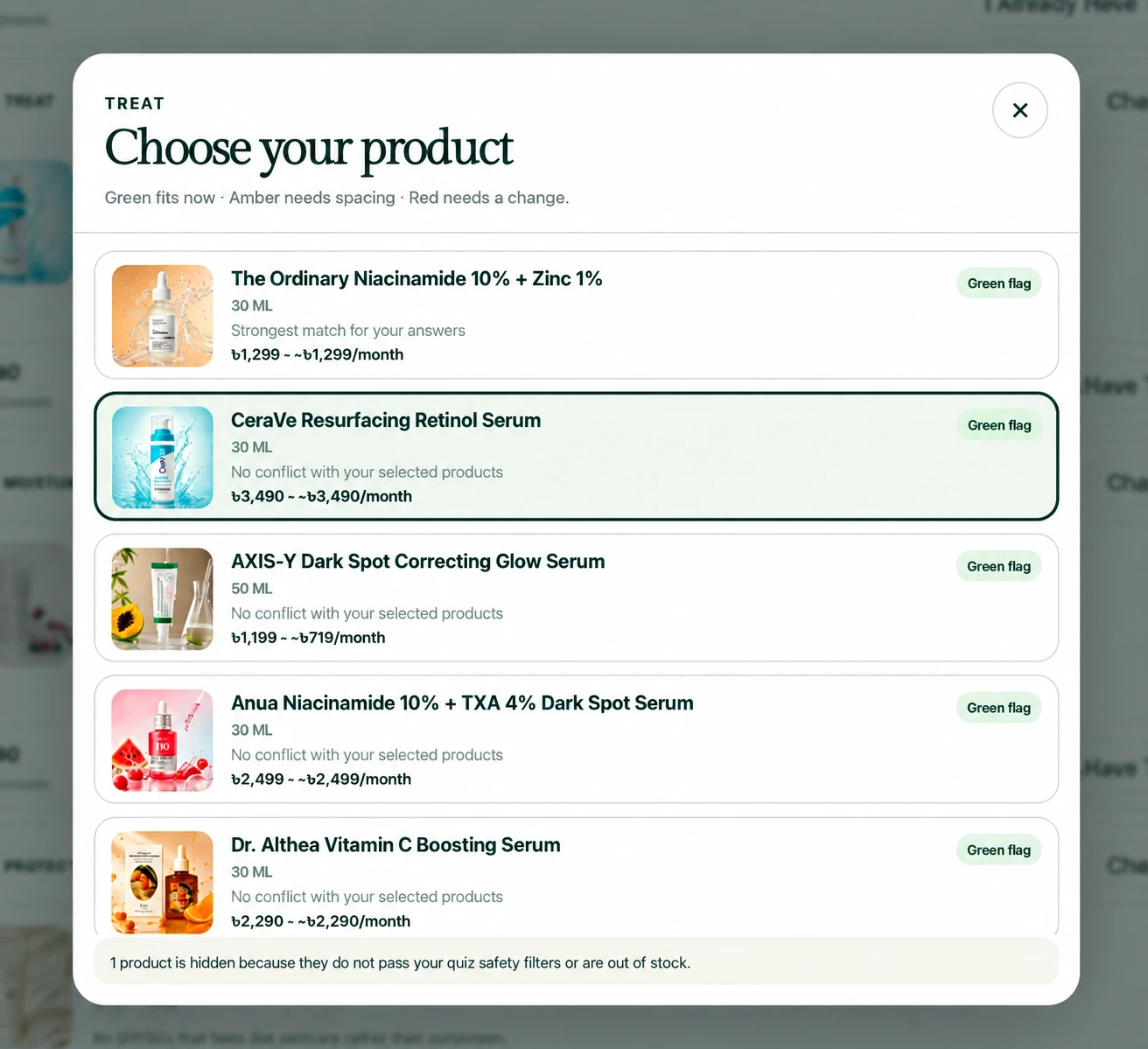 Routisca product replacement interface showing compatible green-flag skincare options