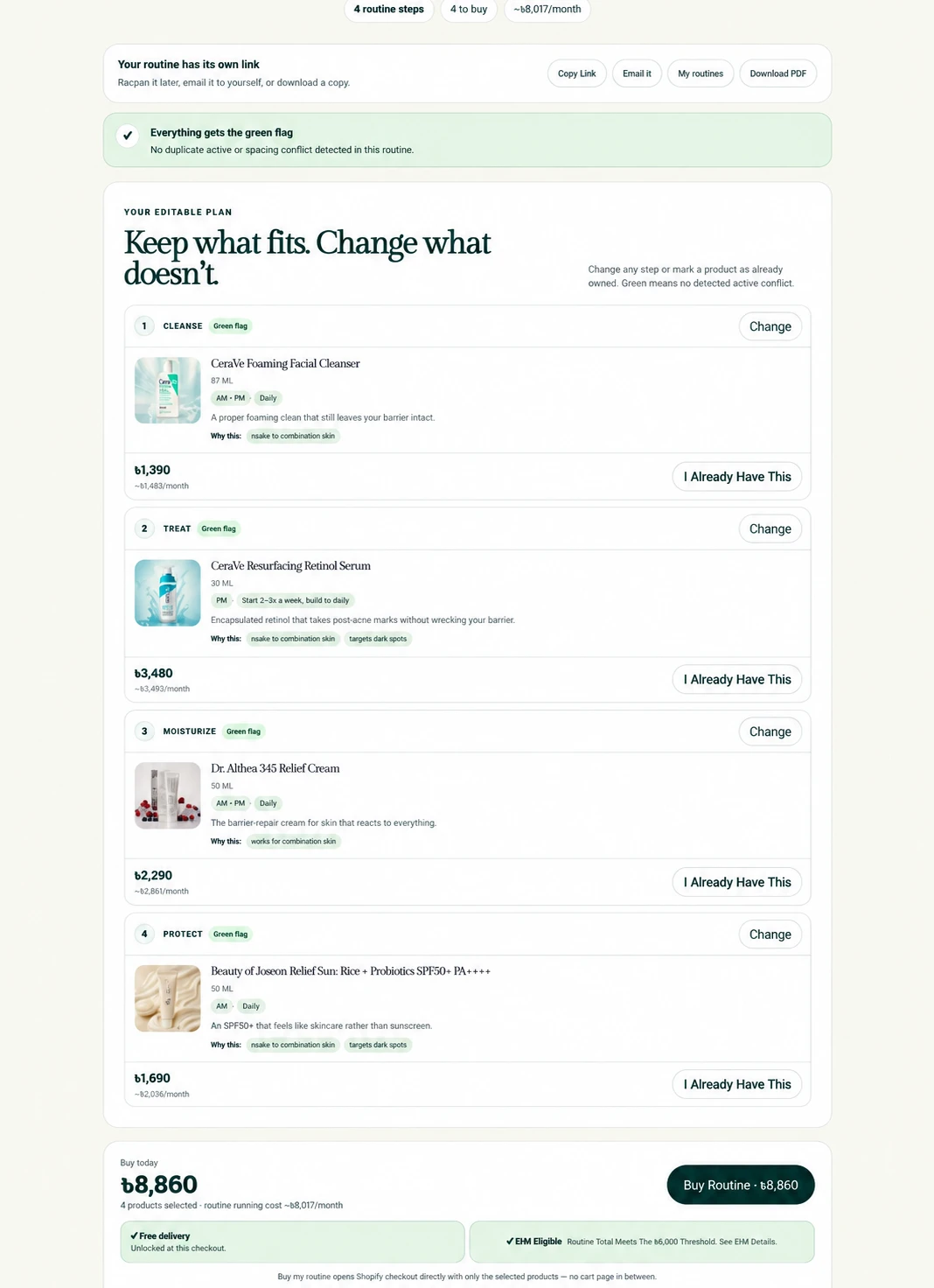 Routisca personalized skincare routine with editable products, ownership controls and purchase action