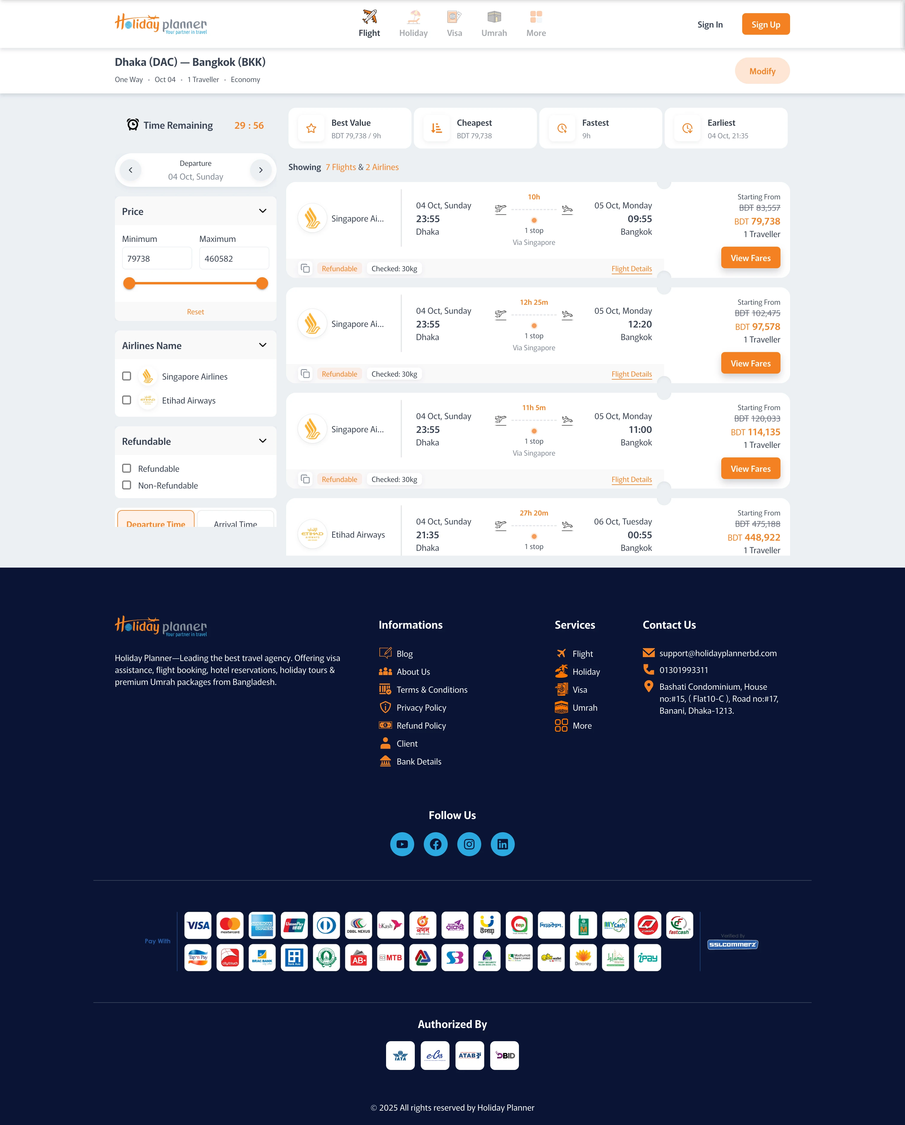 Holiday Planner full flight-results screen with filters and fare options