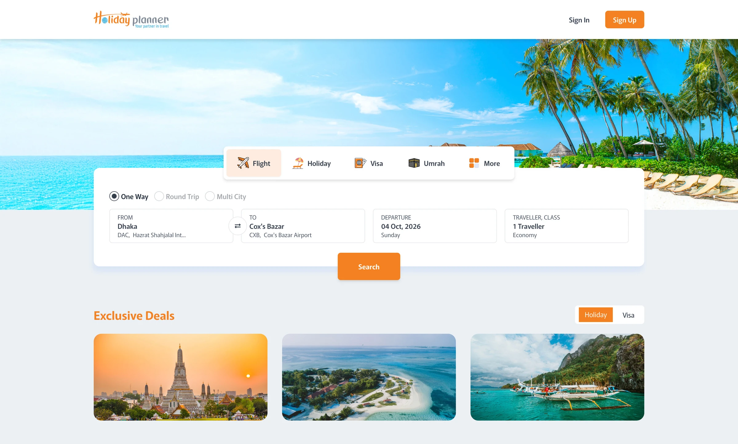 Holiday Planner homepage showing the flight search entry and travel-service navigation