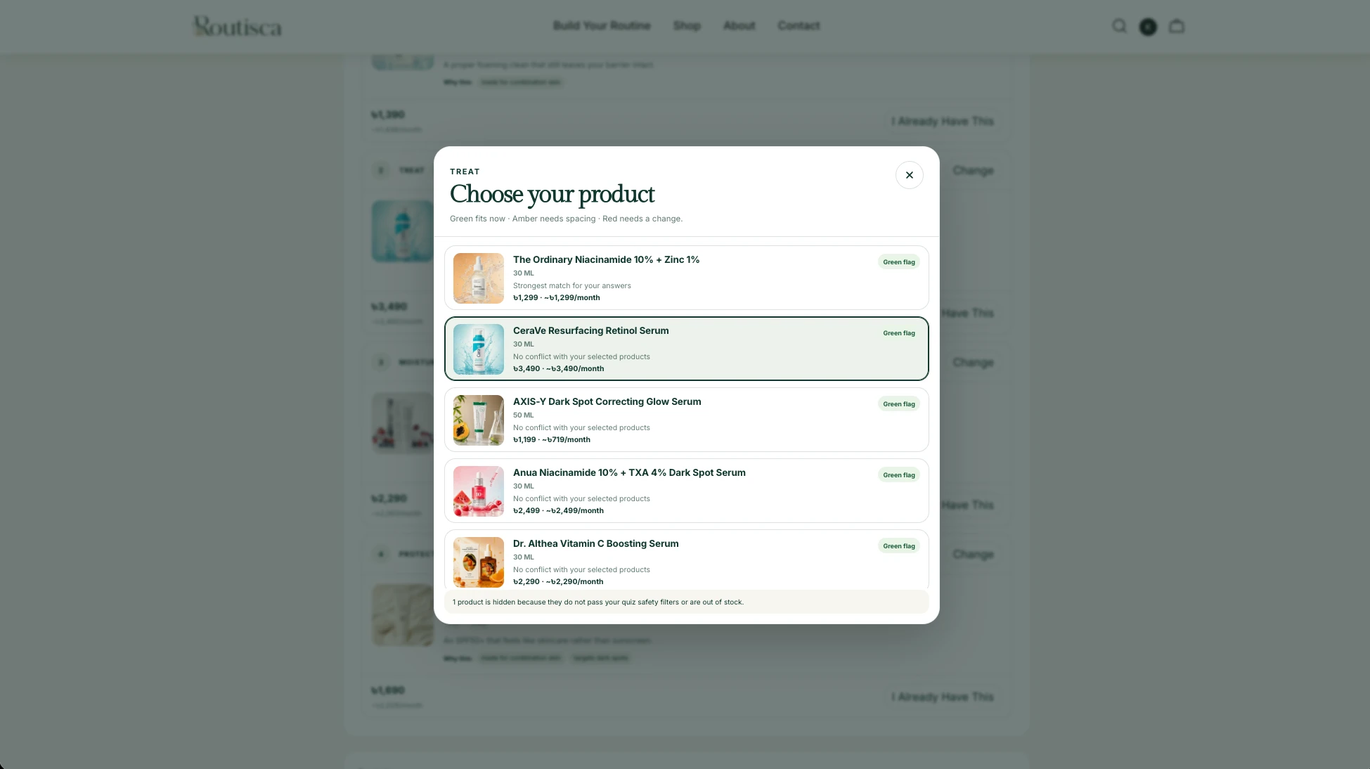Routisca routine product replacement interface on desktop