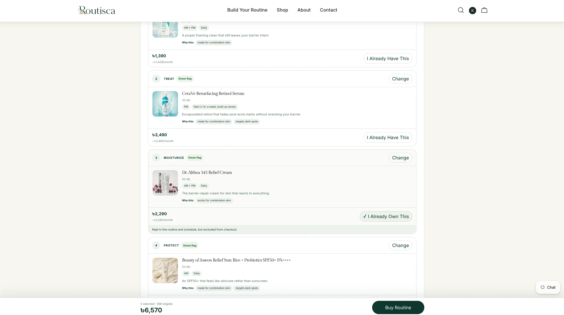 Wide desktop view of a Routisca personalized skincare routine result