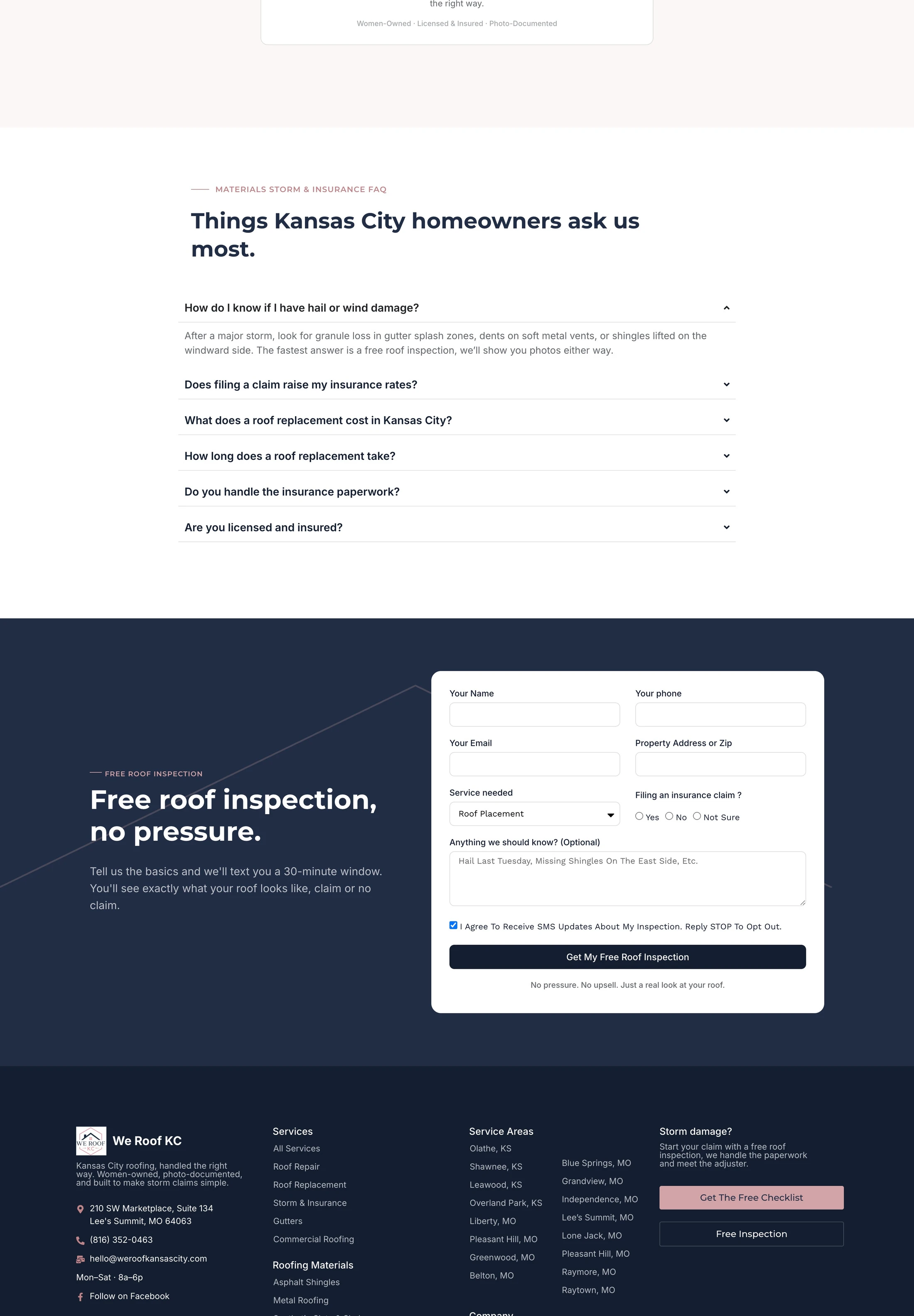 We Roof KC FAQ, free inspection lead form and site footer
