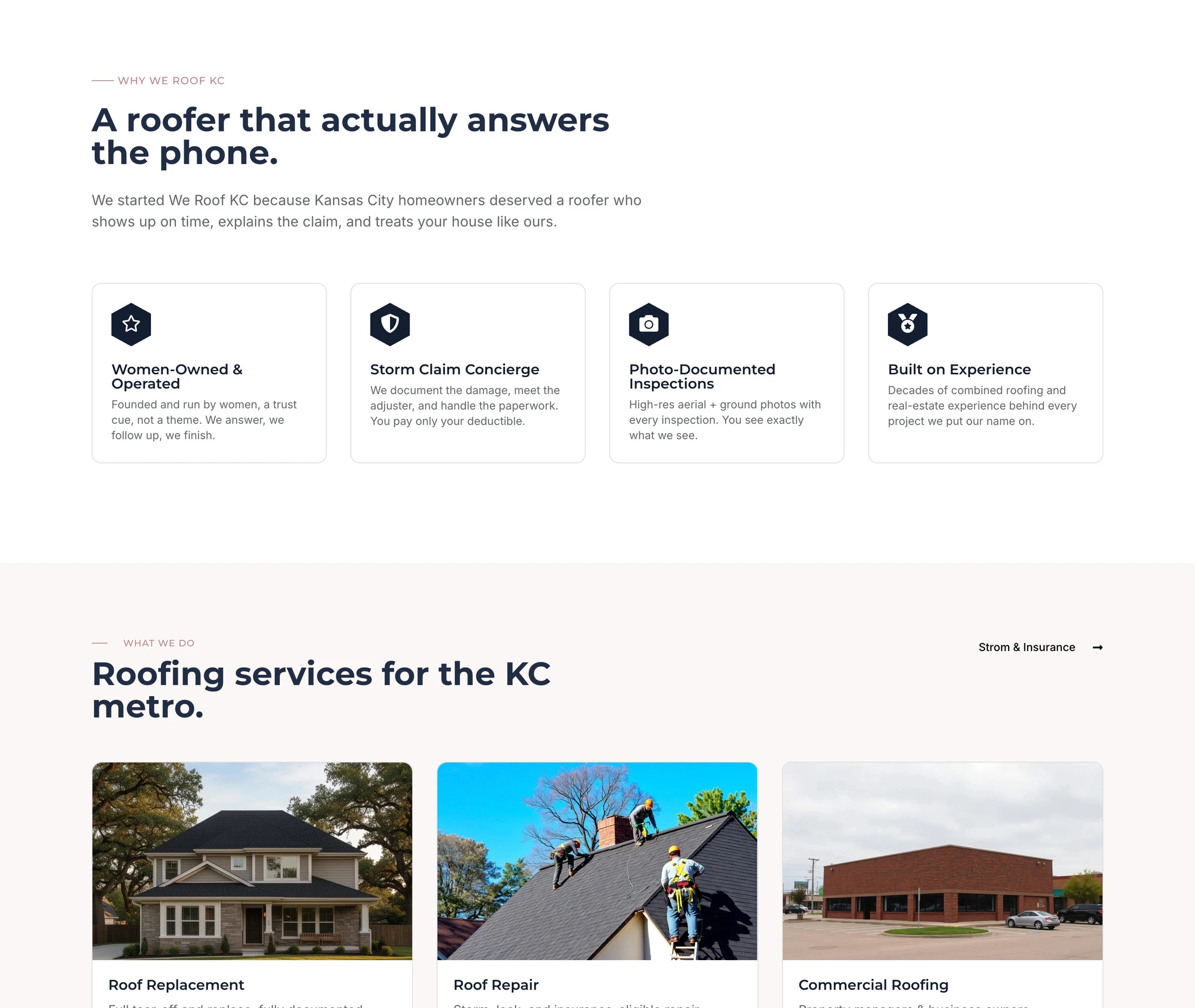 We Roof KC service hierarchy with trust messaging and roofing service cards