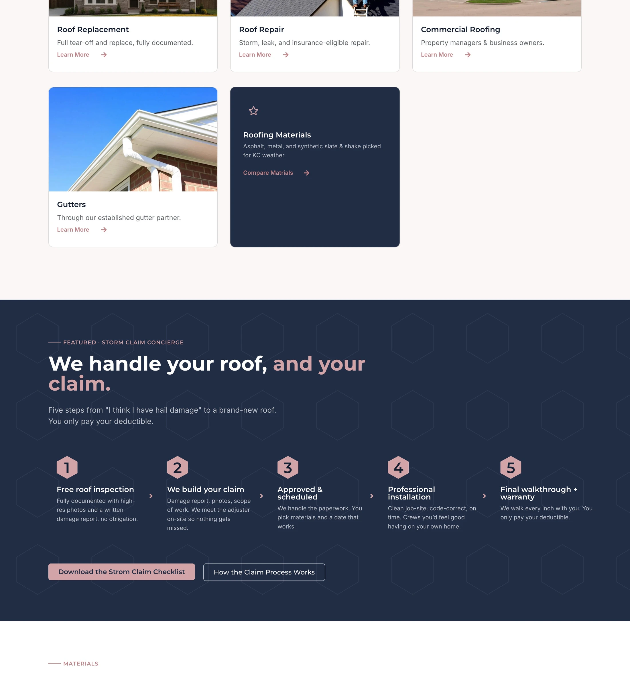 We Roof KC storm claim concierge and roofing materials sections